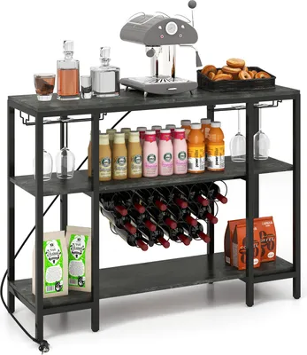 Produktbild von 3 Ebenen Küchenregal, Weinregal mit Steckdosen & Weinglashalter, multifunktionaler Konsolentisch mit Metallrahmen, 113 x 35 x 85cm, grau