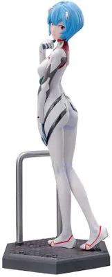 A figurine of Rei Ayanami from Evangelion standing on a display base.