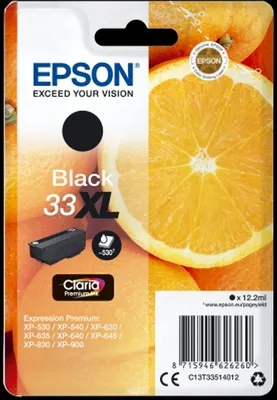 Obrázek produktu pro Epson Oranges Balíček s jedním inkoustem 33XL Pomeranče Claria Premium Black, Vysoká (XL) výtěžnost, Černá, Inkoust na pigmentové bázi, 12,2 ml, 1 kusů
