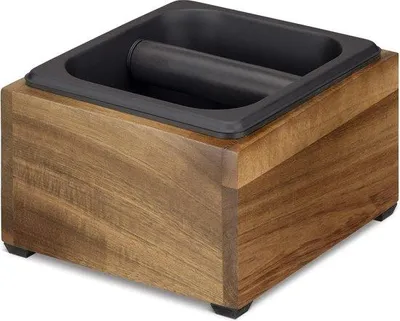 Obrázek produktu pro Odvápňovač na kávu pro espresovač – 18 x 17 x 11 cm – zásobník na vyhozené kávové sedliny z akáciového dřeva a nerezové oceli – hnědá/černá