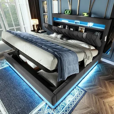 Produktbild von Polsterbett 160x200 cm, Stauraum-Kopfteil mit USB- und Typ-C Ladefunktion, Doppelbett mit Hydraulischem Stauraum, Bettgeltell mit LED und Lattenrost, Leinen, Grau, ohne Matratze