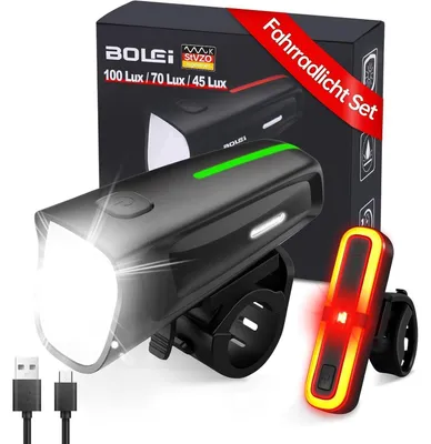 Productafbeelding van LED fietslamp set, goedgekeurd volgens StVZO, USB-oplaadbaar, IPX5 waterdicht, met remlichtfunctie, 100 LUX