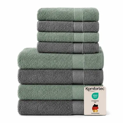 Produktbild von Komfortec 8er Handtuch Set aus 100% Baumwolle, 4 Badetücher 70x140 und 4 Handtücher 50x100 cm, Frottee , Weich,Groß,  Anthrazit/Hellgrün