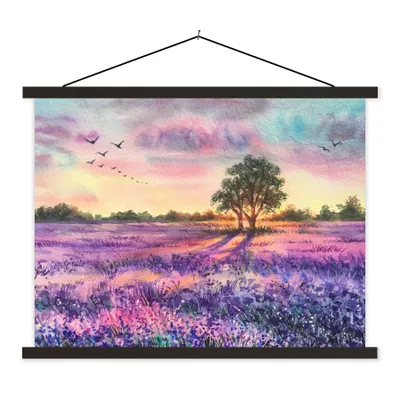 Produktbild von MuchoWow® Textilposter Lavendel - Farbe - Vögel - Bäume - Lila 150x113 cm mit schwarzem Rahmen - Wohnzimmer