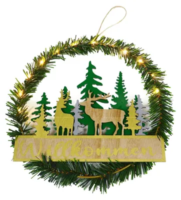 Weihnachtskranz Ø 29 cm, LED, Kunststoff/Holz/Metall, grün/weiß/gelb
