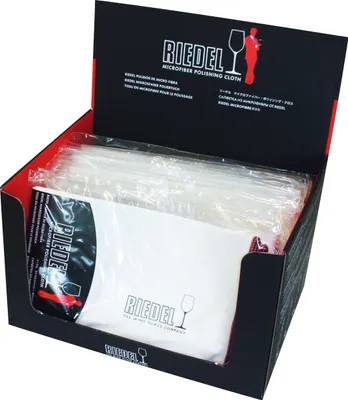 A display box filled with Riedel microfiber polishing cloths.