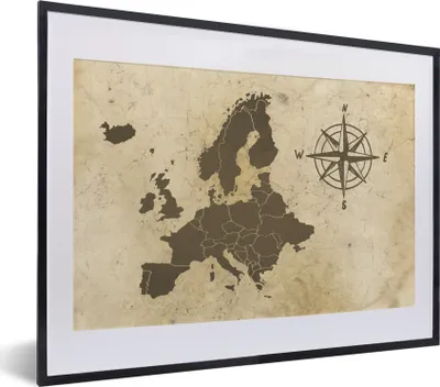 Produktbild von MuchoWow® MuchoWow® Gerahmtes Poster Karte - Europa - Kompass 40x30 cm - Poster mit zchwarzem Bilderrahmen - Bilderrahmen - Poster im Rahmen