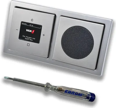 Produktbild von Busch Jäger DAB+ Unterputzradio UP Radio 8215U-101 Komplettset PUR Edelstahl Lautsprecher 2fach Rahmen inkl EBROM Phasenprüfer zur Montage der Geräte