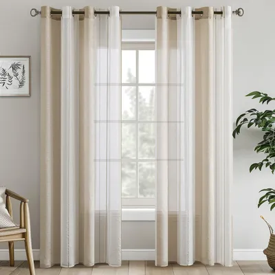Immagine prodotto di Tende trasparenti a righe. Tende voile. Set moderno da 2 tende per soggiorno. Tende trasparenti con motivo a righe per camera da letto