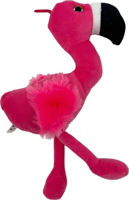 A pink plush flamingo toy is shown against a white background.