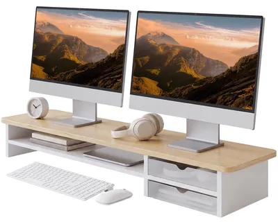 Produktbild von Monitorständer Monitorerhöhung Bildschirmerhöhung - 108 cm - Eiche und Weiß - Für zwei Monitore - Mit Schubladen