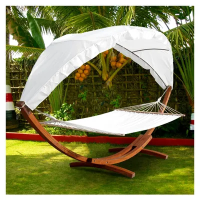 Produktbild von XXL Hängematte mit Gestell und Sonnendach 410 cm, bis 200 kg, Liegefläche 200 x 150 cm, wetterfeste Hängematte aus Lärchenholz, Stabhängematte für 2 Personen für Innen- und Außenbereich