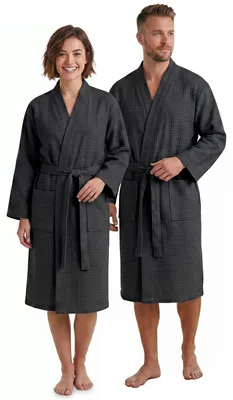 Produktbild von NYVI Bademantel NYVISpa Waffelpique - Uni Saunamantel für Damen & Herren - luftig leichter & atmungsaktiver Morgenmantel aus 100% Baumwolle - Saugfähig & Schnelltrocknend - L Schwarz
