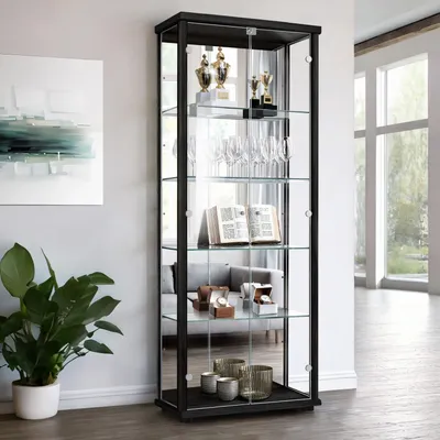 Produktbild von K-Möbel Glasvitrine stehend in Schwarz (176x67x33 cm) mit 4 höhenverstellbaren Glasböden, Spiegel, Schloss & LED - Standvitrine - Vitrinenschrank