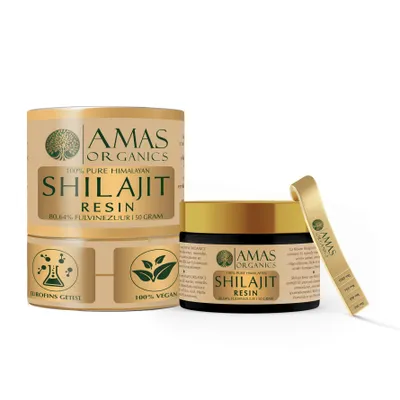 Produktbild von AMAS ORGANICS  100 % reines Himalaya-Shilajit-Harz  80,64 % Fulvosäure    50 Gramm  Nahrungsergänzungsmittel