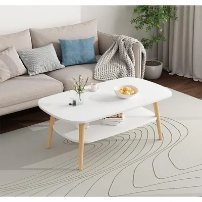 Image de Table basse à deux plateaux, ovale, blanche, en bois de pin, dimensions : 100 x 50 x 45 cm