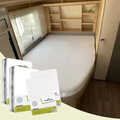 Produktbild von Dexitex Spannbettlaken 4er Set für Queensbett im Wohnmobil oder Wohnwagen, 2 Molton-Matratzenschoner und 2 weiße Spannbettlaken - 130–160 × 190–210 cm