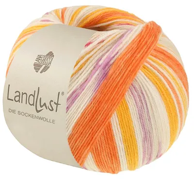 Produktbild von Lana Grossa Landlust DIE SOCKENWOLLE 100 g 4-fach Sockenwolle von Lana Grossa und Landlust 420 m Farbe 723 - Gelb-/Rotorange/Creme/Flieder/... Gestreift / mit Jacquard