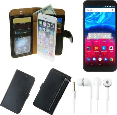 Produktbild von TOP SET Handy Hülle Schutz Hülle kompatibel mit Archos Core 60S  schwarz aus Kunstleder + Kopfhörer Smartphone Tasche vollwertige Geldbörse