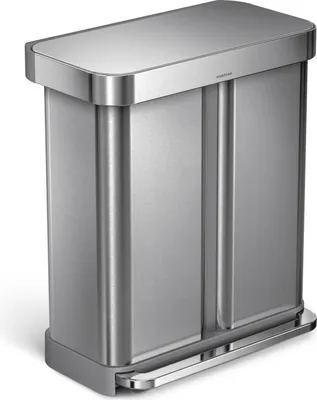 A studio shot of a silver, dual-compartment trash can with a foot pedal.