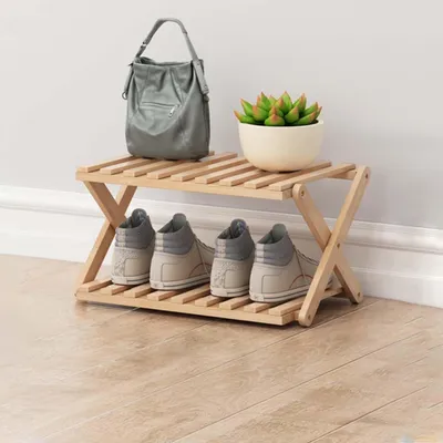 Image de Étagère pliante pour chaussures en bambou, avec 2 niveaux