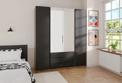 Image de BEAUTYSOFA Armoire spacieuse avec portes battantes KAYA XIV 200 cm, armoire avec miroir et tiroirs (couleur : chêne Evoke+noir)