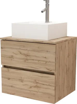Image de Meuble Salle de Bains 80cm 2 Tiroirs Chêne Naturel + Vasque Carrée 41x41x15cm en Céramique Blanche