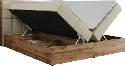 Produktbild von MKS MEBLE Boxspringbett 160x200 mit Bettkasten Eiche, Polsterbett 160x200 mit Matratze H3, Bett 160x200 mit Kopfteil, Eiche Wotan - 160x200 - Beige Velvet - Albero-1