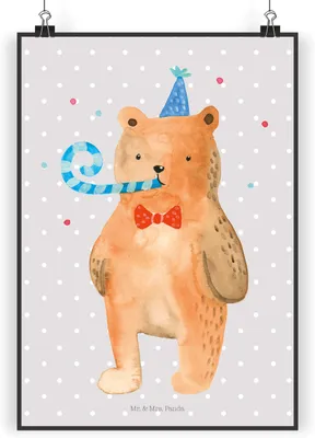 Produktbild von Mr. & Mrs. Panda Bild Bär Geburtstag DIN A4 - Grau Pastell - Geschenk, Glückwunsch, wanddeko, drucke, Happy Birthday, Alles Gute, Teddy, Kunstdruck, Plakat, Wandbild