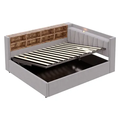 Produktbild von Flieks Polsterbett 140x200cm mit Ladefunktion und Nachtlicht, Tagesbett Schlafsofa mit Rückenlehne und Stauraum, Jugendbett Kinderbett, Samt, Hellgrau