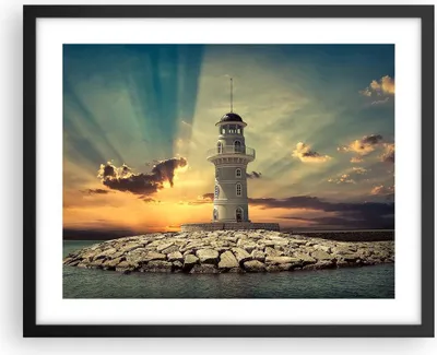 Produktbild von Gerahmtes Poster - Schwarzer Rahmen - Leuchtturm Wasser Meer Steine - 50x40 cm - Wand Bild - Wanddeko - Wandbilder - Wandposter - Bilderrahmen - Bilder - Kunstdruck - Wandbild - P2BAA50x40-2895