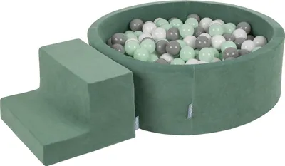 Produktbild von KiddyMoon spielplatz velvet aus schaumstoff mit samt rund bällebad bällebad (200 bälle) + stüfchen ballgruben für babys spielbad hindernisläufen, hergestellt in der eu, waldgrün: weiß/grau/minze