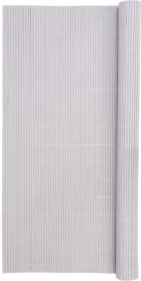 A rolled-up privacy screen made of thin, vertical slats.
