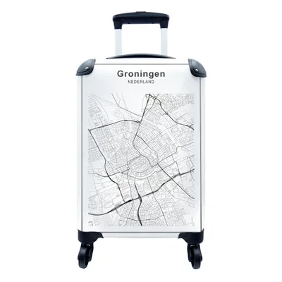 Produktbild von MuchoWow® Koffer Handgepäck Trolley Rollkoffer Kleine Reisekoffer mit 4 Rollen - Stadtplan - Schwarz und weiß - Groningen - Cabin Size < 55x40x23 cm & 55x40x20 cm - Fotokoffer - Kabinenkoffer - Boardgepäck - Reise-Box - Reisekoffer - Reisegepäck - Koffer mit Bild - Trolley für Kinder