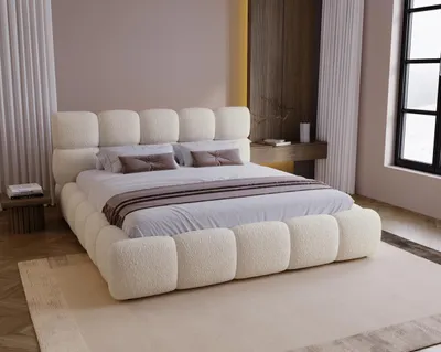 Image de Lit rembourré BESILIO 180 x 200 Bouclé Boston – Lit avec coffre de rangement et sommier à lattes, lit moderne avec espace de rangement en mousse épaisse – Beige