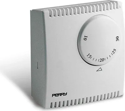 A white analog thermostat with a dial and temperature markings.