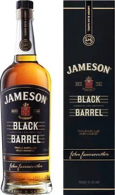 A bottle of Jameson Black Barrel Triple Distilled Irish Whiskey and its accompanying box.