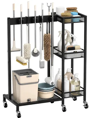Putzwagen, 3 Etagen, 6 Rollen, Halterungen, 62x85x30 cm, schwarz