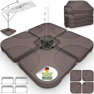 Immagine prodotto di Supporto per ombrellone tillvex® marrone 60 litri / 80 kg – 4 pezzi per ombrellone a braccio incl. connettore in metallo | Peso dell'ombrellone riempibile con acqua o sabbia | Supporto per ombrellone a braccio resistente alle intemperie