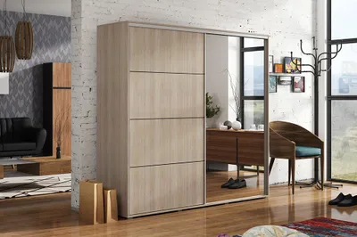 Zdjęcie produktu dla Szafa A12 sonoma z 2 drzwiami przesuwnymi i lustrem – 230 x 62 x 245 cm