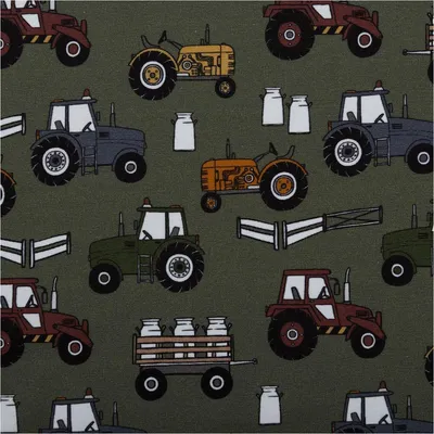 Produktbild von Jersey Stoff Meterware Baumwolljersey Theo Traktor khaki grün bunt 160cm