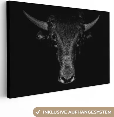 Produktbild von MuchoWow® - Leinwandbilder - Taurus - Tiere - Schwarz - Weiß, Wandbild, Wanddeko Bilder Wohnzimmer, 120x80 cm