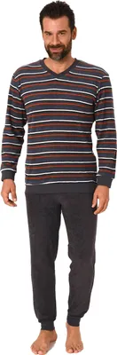 Produktbild von Langer Herren Frottee Pyjama Schlafanzug mit Bündchen - Streifenoptik - 291 101 13 649 ; anthrazit , 48
