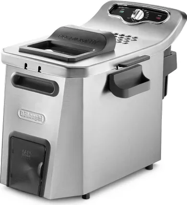 A stainless steel deep fryer with a black lid and handle, shown from a diagonal side view against a white background.