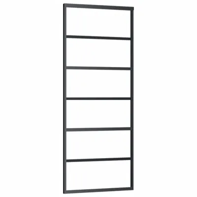 A black metal frame with six horizontal bars, resembling a shelving unit or a door frame, against a white background.