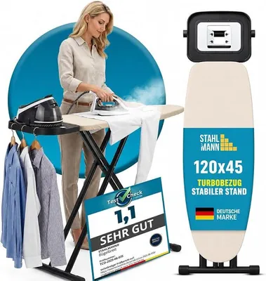 Produktbild von Premium Bügelbrett [120 x 45 cm] – Bügelbrett für Dampfbügelstation [100% Baumwolle Turbobezug] [ EU] – höhenverstellbarer Bügeltisch