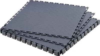 Obrázok produktu pre PVC podlaha do garáže – dlaždice s klikovým systémom, balenie po 8 ks, 513 x 513 x 5 mm – protiskluzové – vzhľad vlnitých plechov – priemyselná kvalita – klikacia pokládka – pre dielne a sklady – grafitovo sivá farba