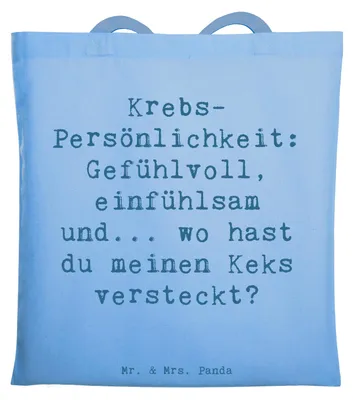 Produktbild von Mr. & Mrs. Panda Tote Bag Spruch Krebs Gefühlswelt - Sky Blue - Geschenk, Jutebeutel, Horoskop, Laptoptasche, umhängebeutel, Shopping Tasche, Geschenke Sternzeichen