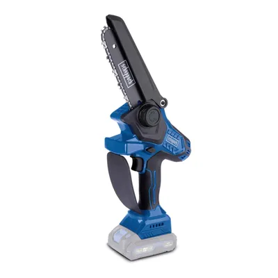 A cordless mini chainsaw is shown against a white background.