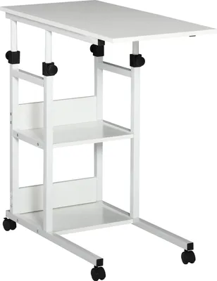 Produktbild von Beistelltisch Mit Rollen Höhenverstellbarer Couchtisch, 2 Regale, E1 Spanplatte, Weiß, 80X40X72-82 Cm
